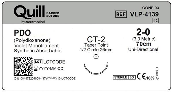 PDO (полідіоксанон), фіолетовий, 2-0, 70см (cm), колюча голка (Taper Point), CT-2 (26мм (mm) 1/2 кола), односпрямований